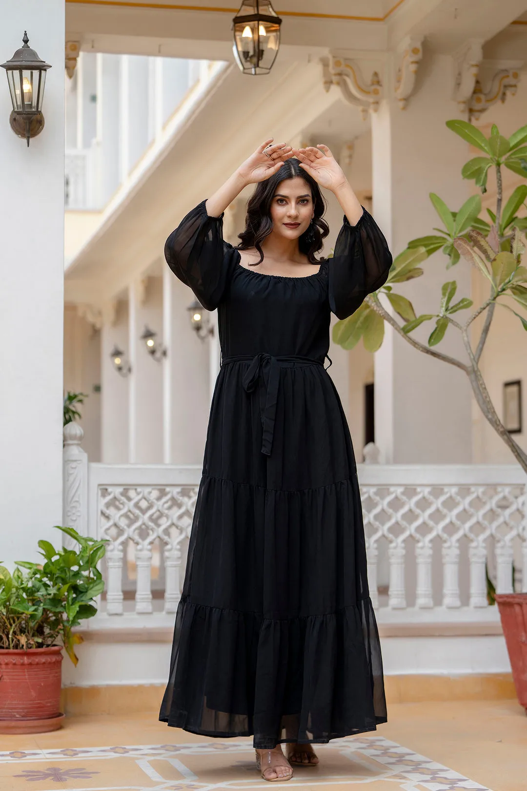 Women Black Georgette Flared Dress