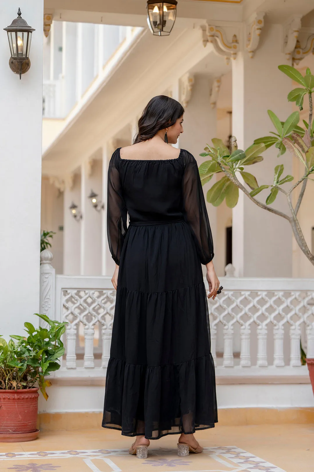 Women Black Georgette Flared Dress