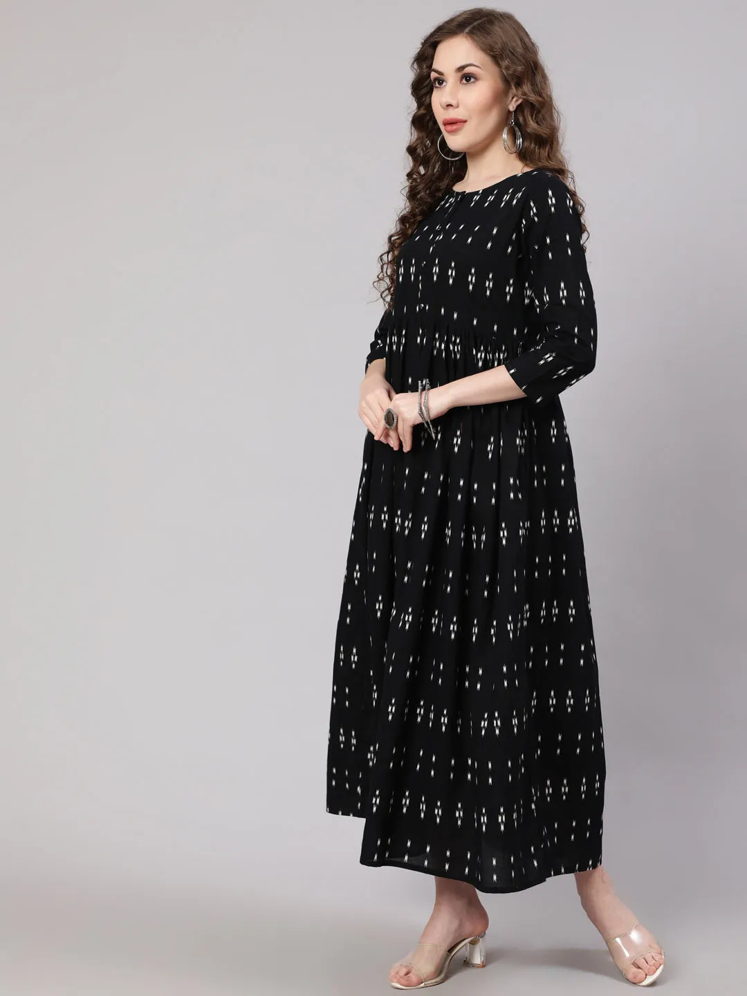 Women Black Ikat Printed Flared Dress With Three Quarter Sleeves