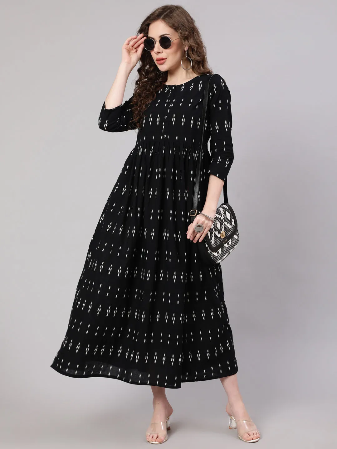 Women Black Ikat Printed Flared Dress With Three Quarter Sleeves