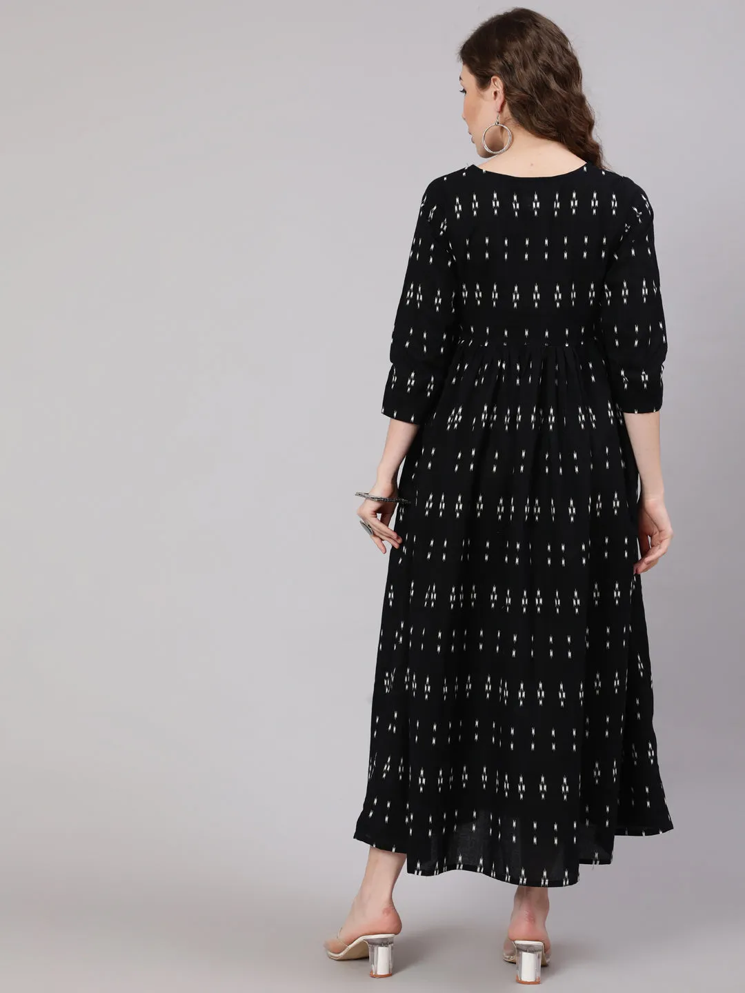 Women Black Ikat Printed Flared Dress With Three Quarter Sleeves