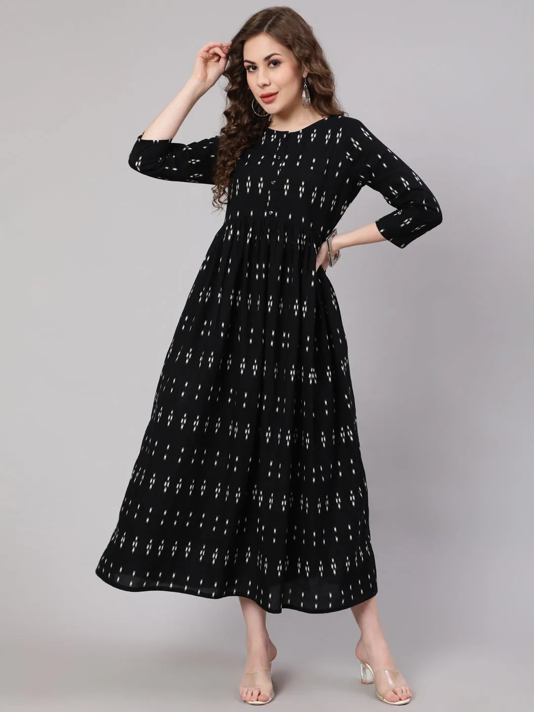 Women Black Ikat Printed Flared Dress With Three Quarter Sleeves