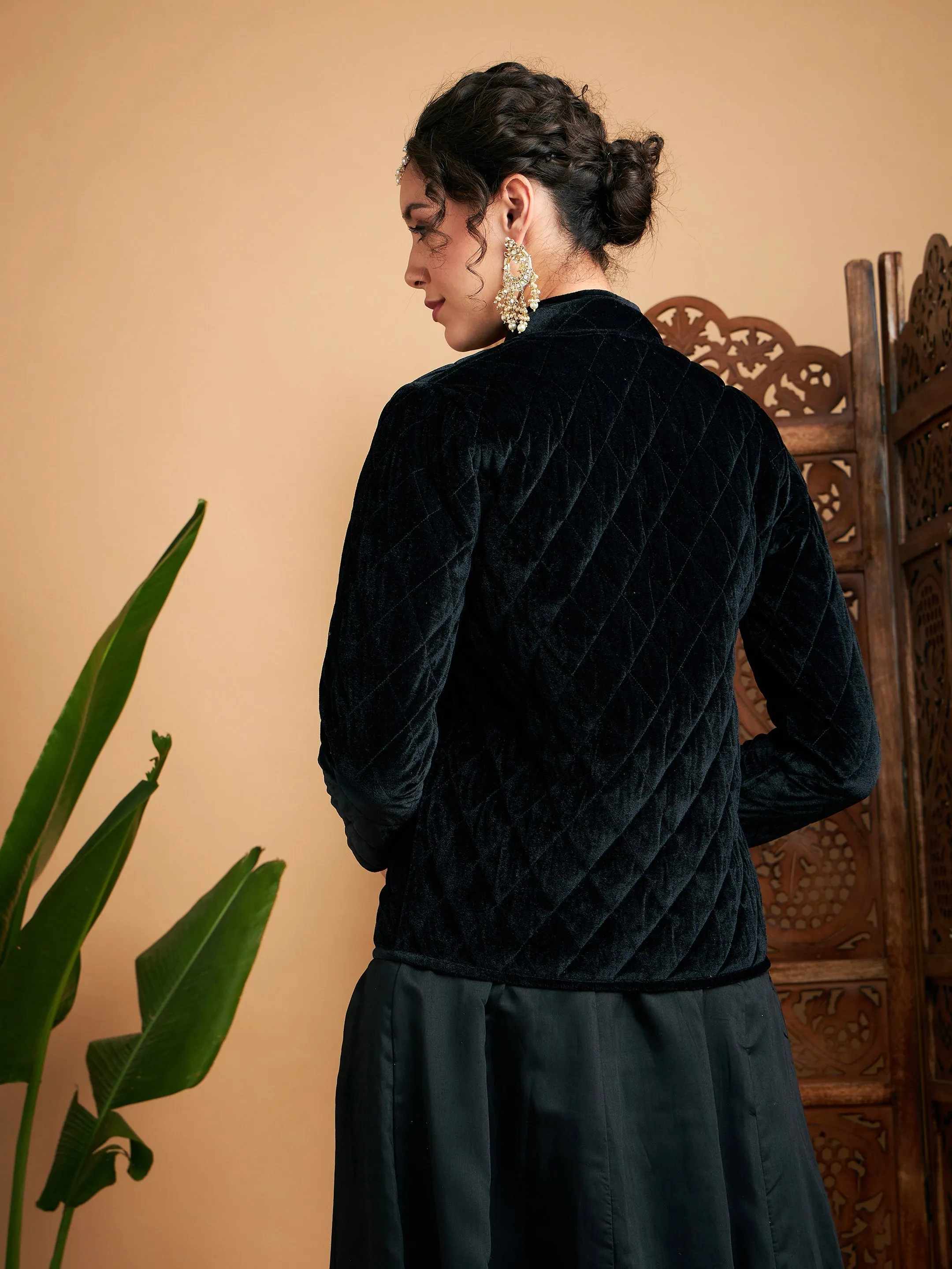 Women Black Velvet Quilted Jacket