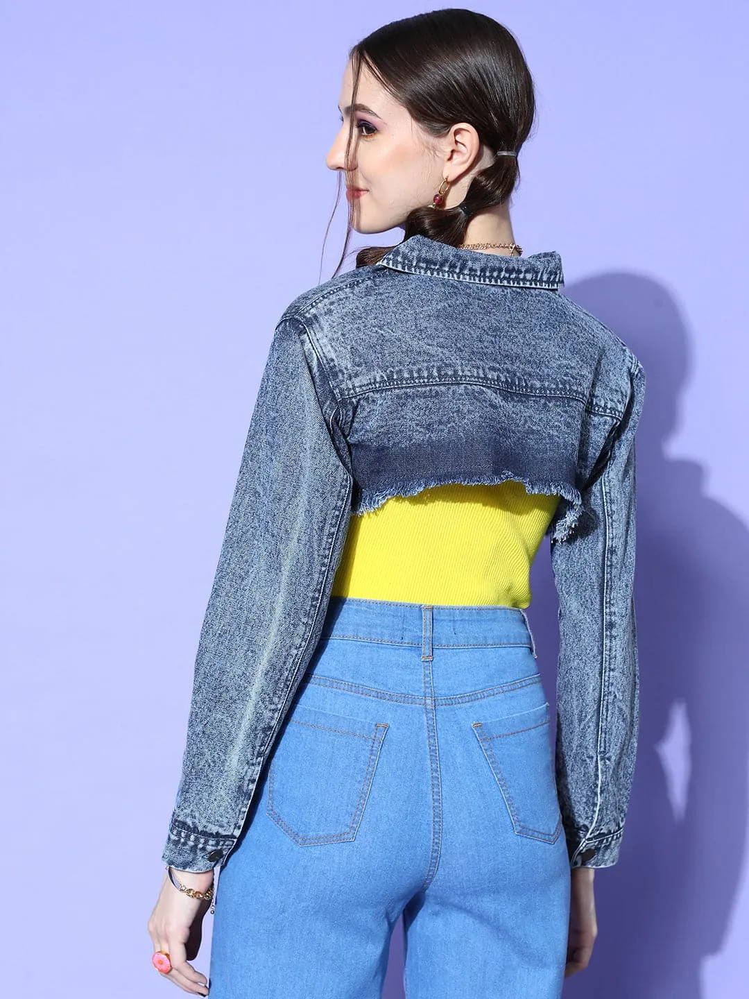 Women Blue Arm Warmer Denim Jacket