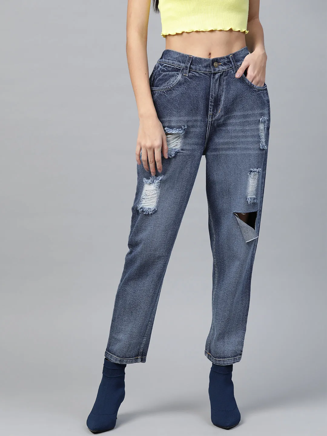 Women Blue High Rise Ripped Jeans