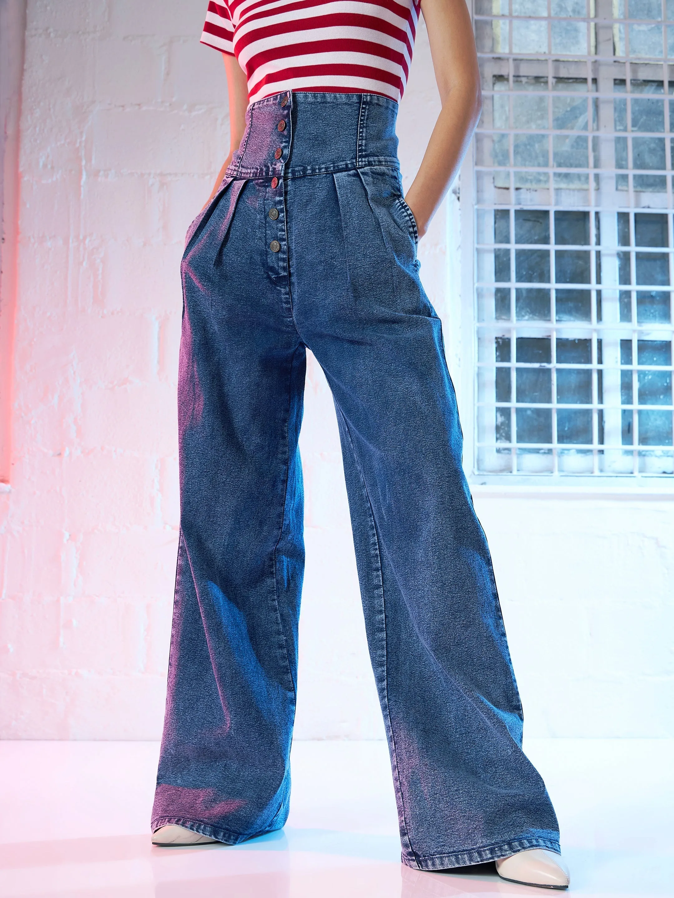 Women Blue High Waisted Straight Fit Jeans