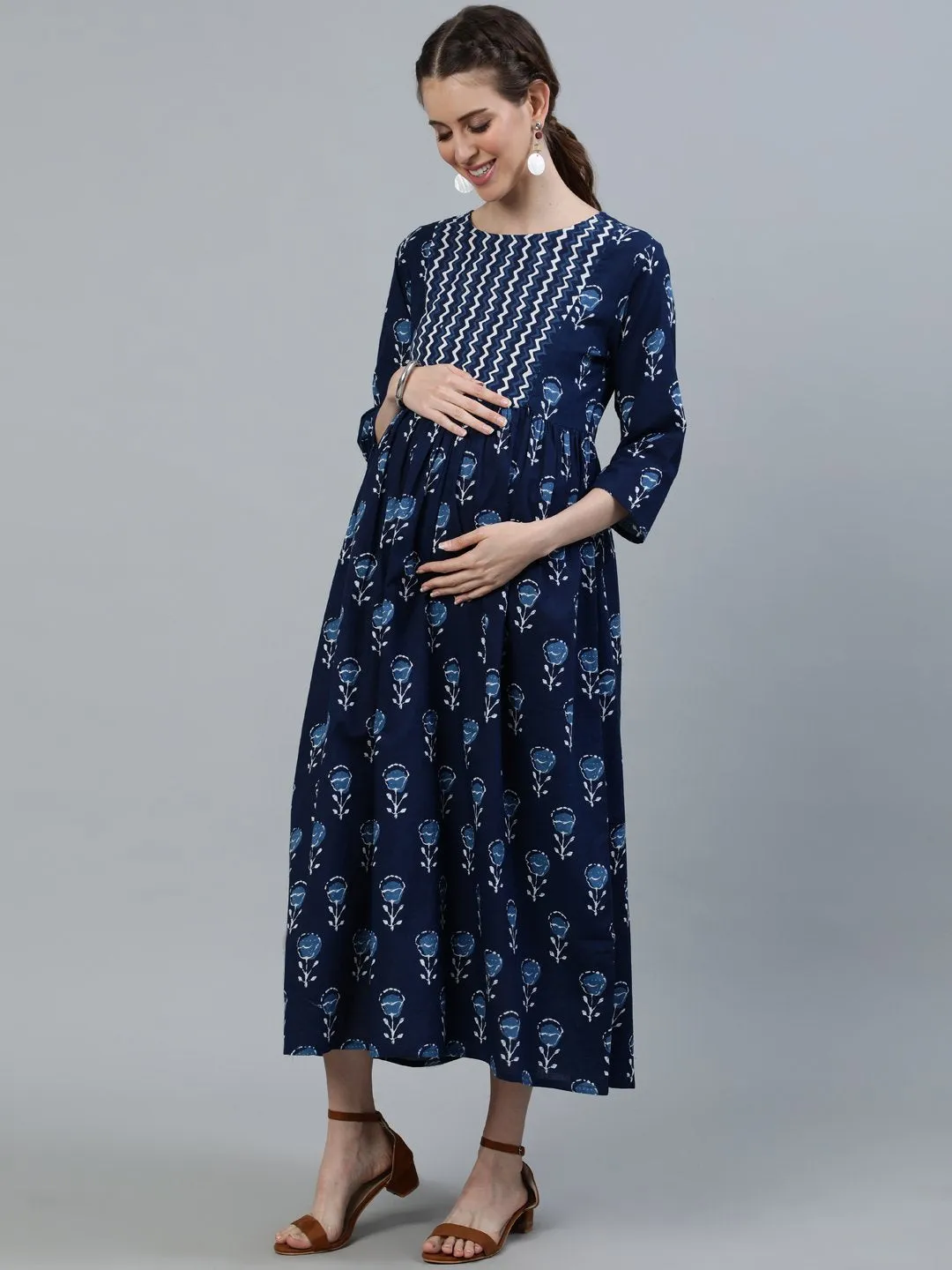 Women Blue Indigo Printed Flared Maternity Dress With Three Quarters Sleeves