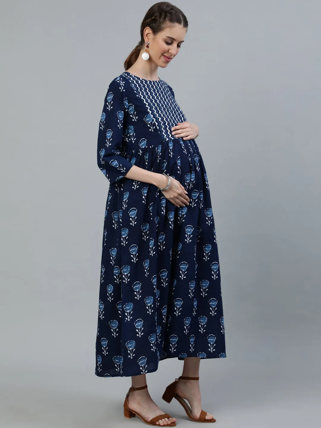 Women Blue Indigo Printed Flared Maternity Dress With Three Quarters Sleeves