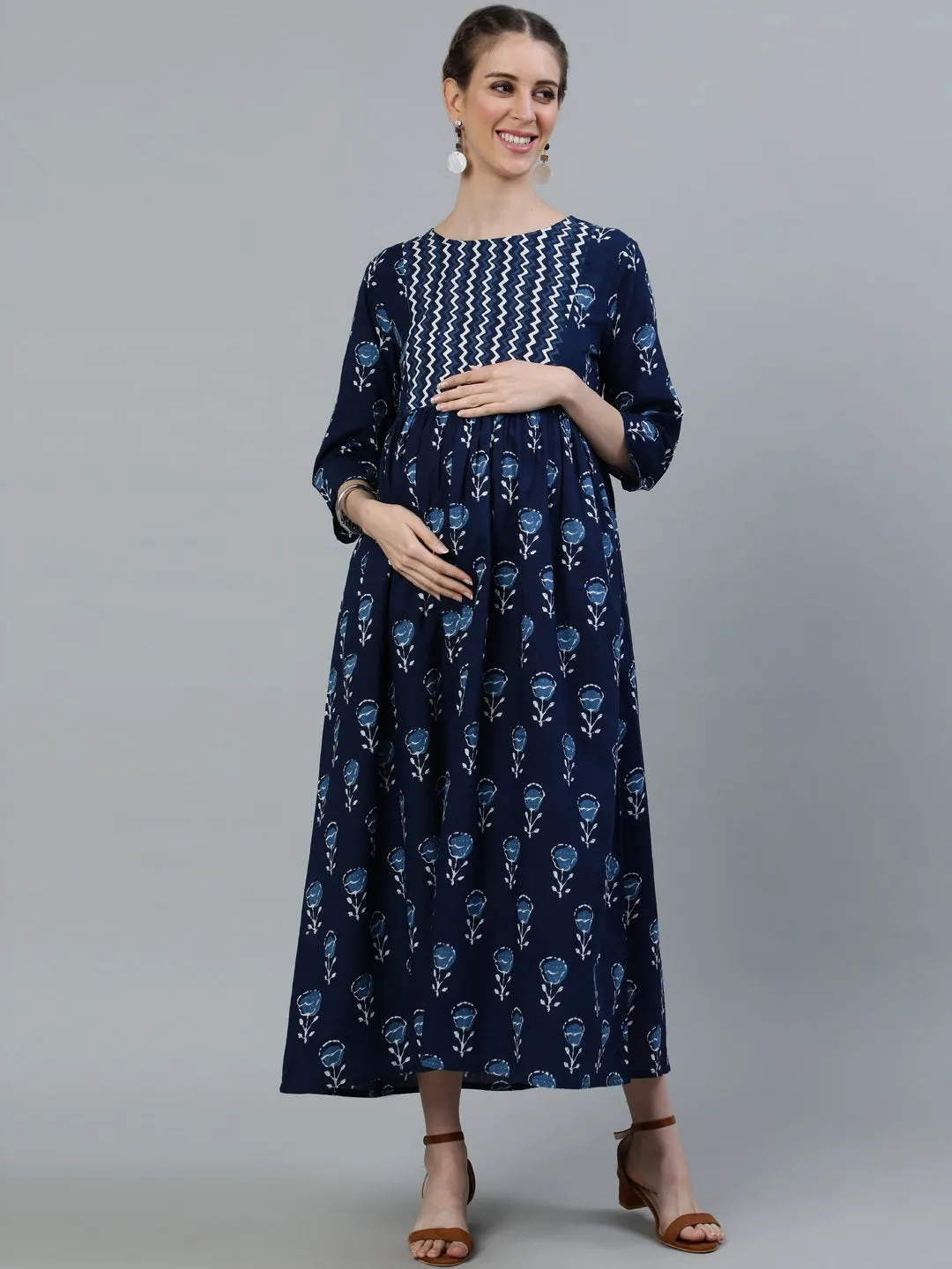 Women Blue Indigo Printed Flared Maternity Dress With Three Quarters Sleeves