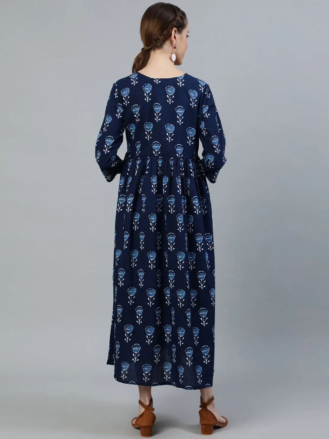 Women Blue Indigo Printed Flared Maternity Dress With Three Quarters Sleeves