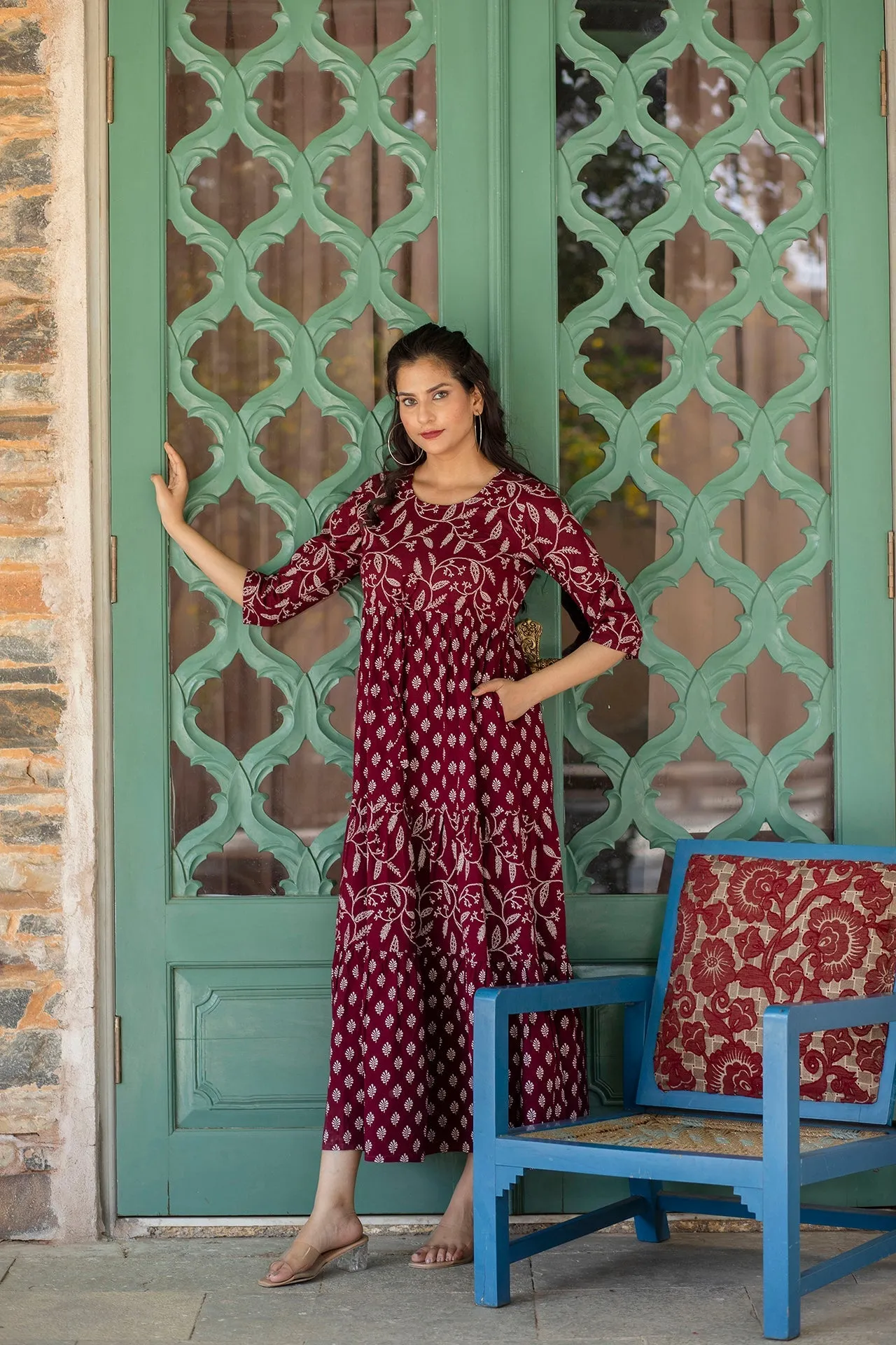 Women Burgundy Ethnic Printed Flared Dress With Three Quarter Sleevs