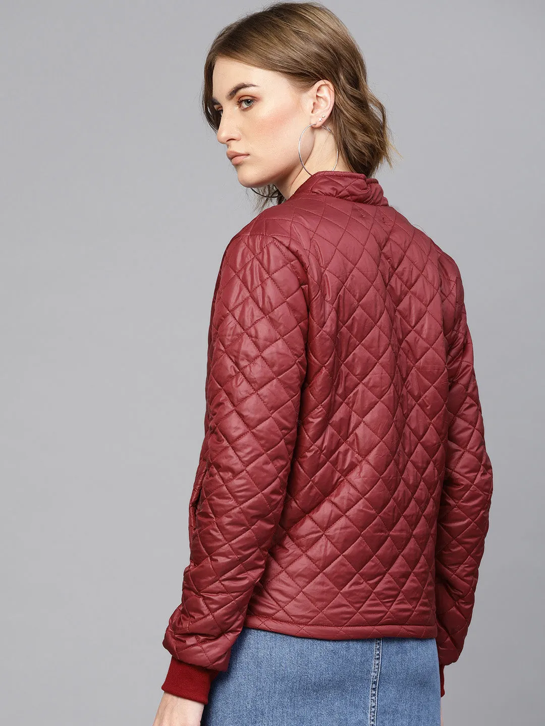 Women Burgundy Quilted Jacket With Zip On Sleeves