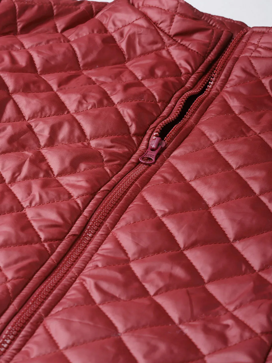 Women Burgundy Quilted Jacket With Zip On Sleeves