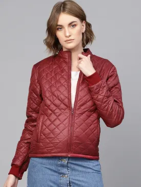 Women Burgundy Quilted Jacket With Zip On Sleeves