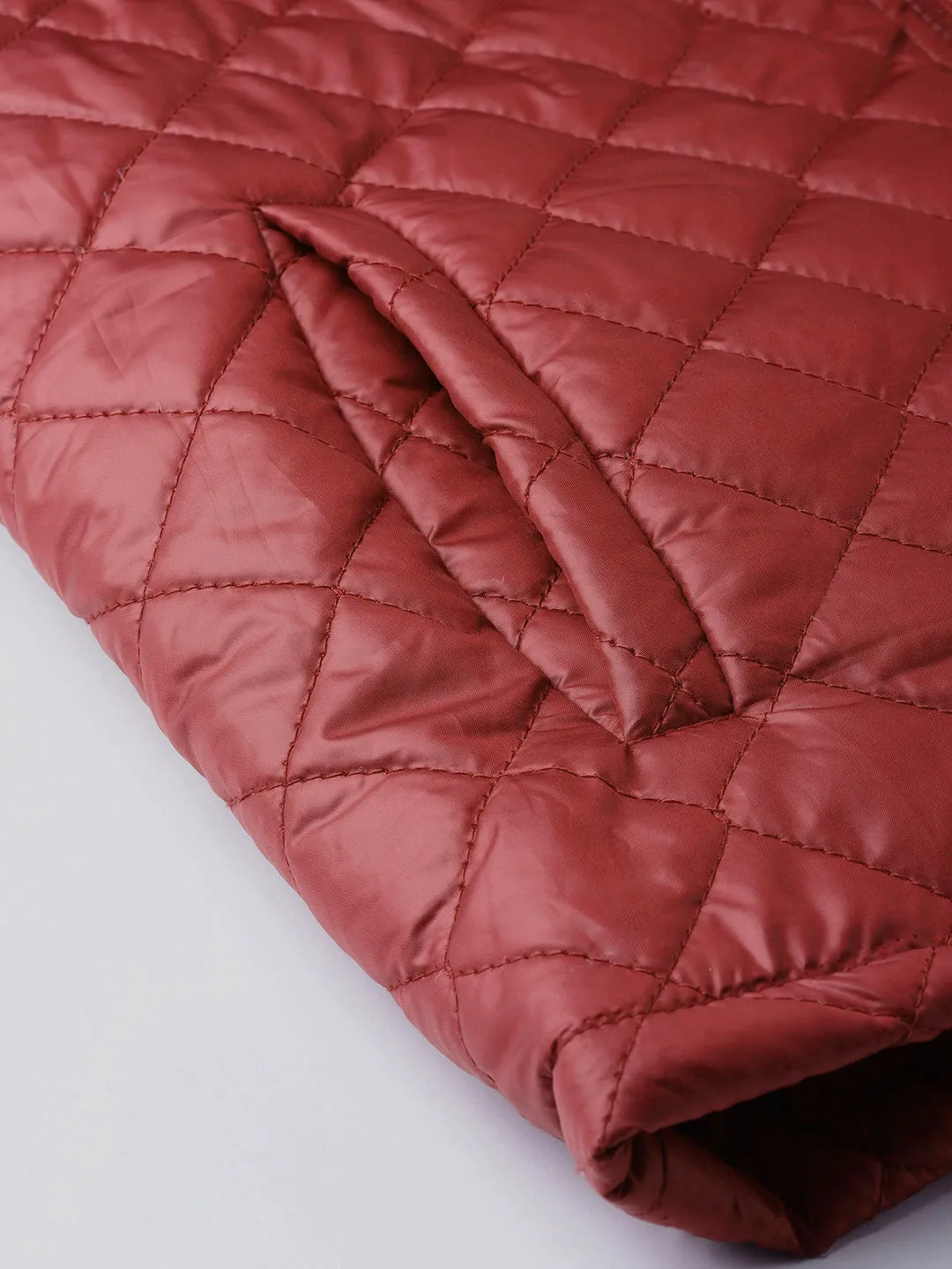 Women Burgundy Quilted Jacket With Zip On Sleeves