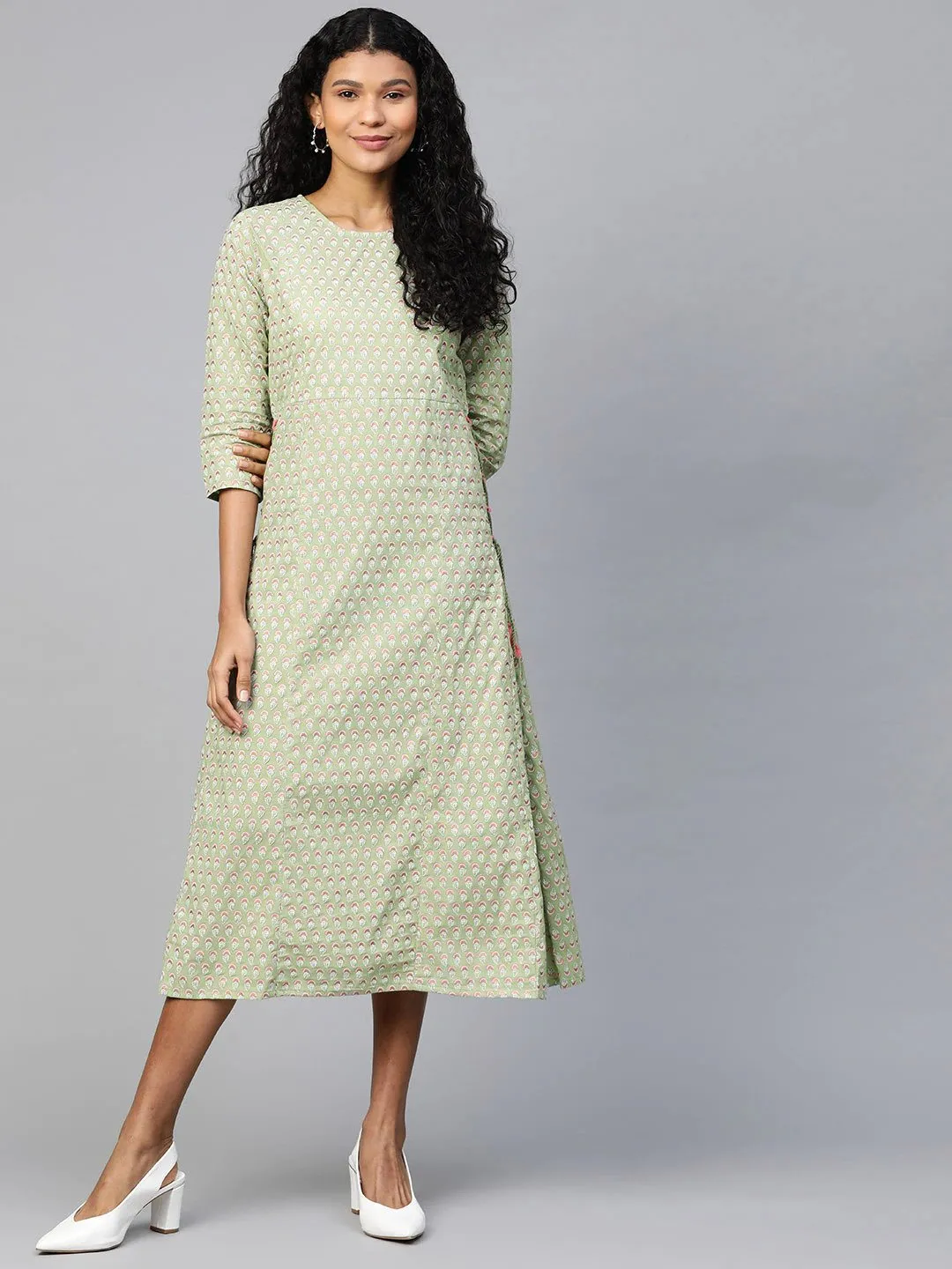 Women Green Ethnic Motifs Printed A-Line Dress