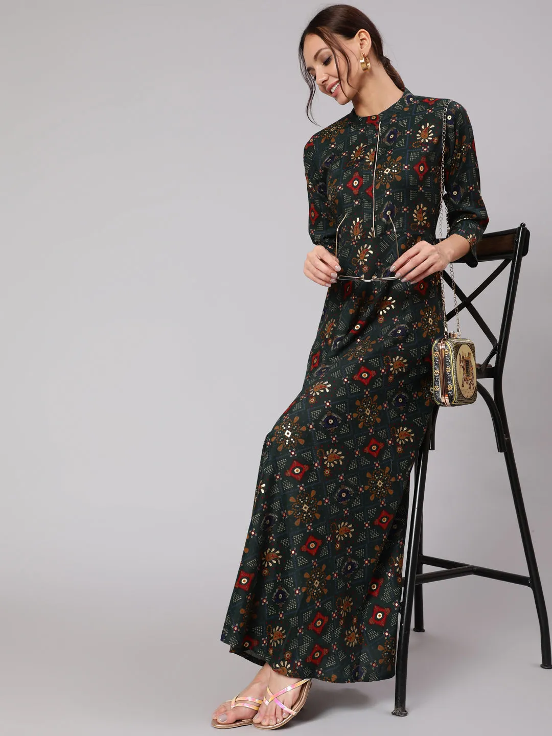 Women Green Ethnic Printed Gathered Dress With Three Quarter Sleeves