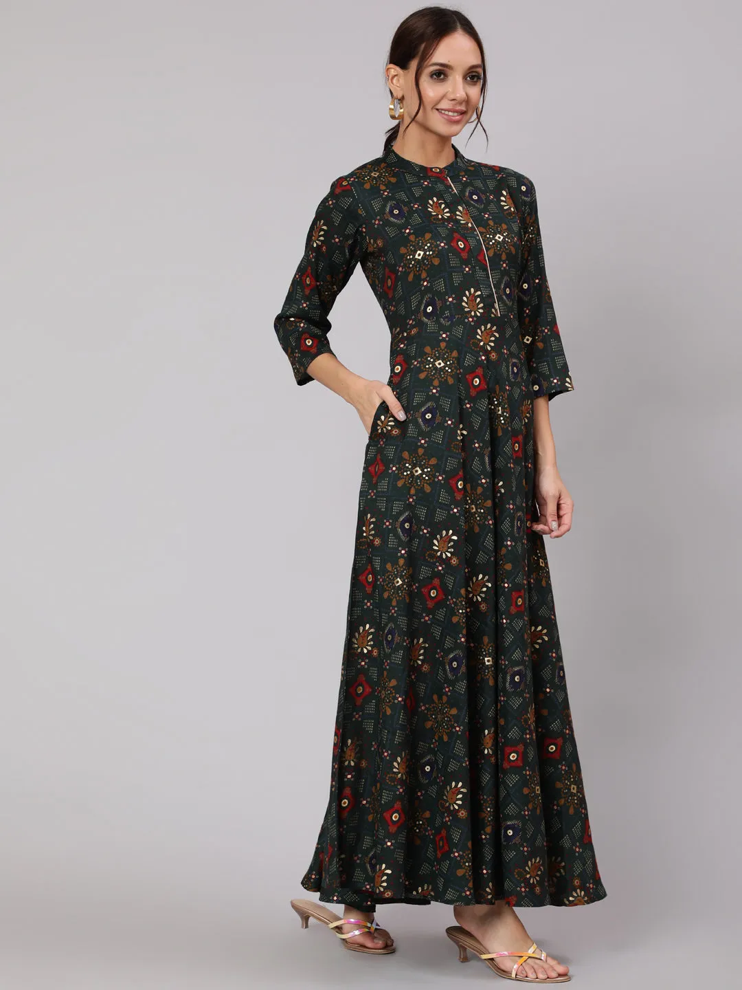 Women Green Ethnic Printed Gathered Dress With Three Quarter Sleeves