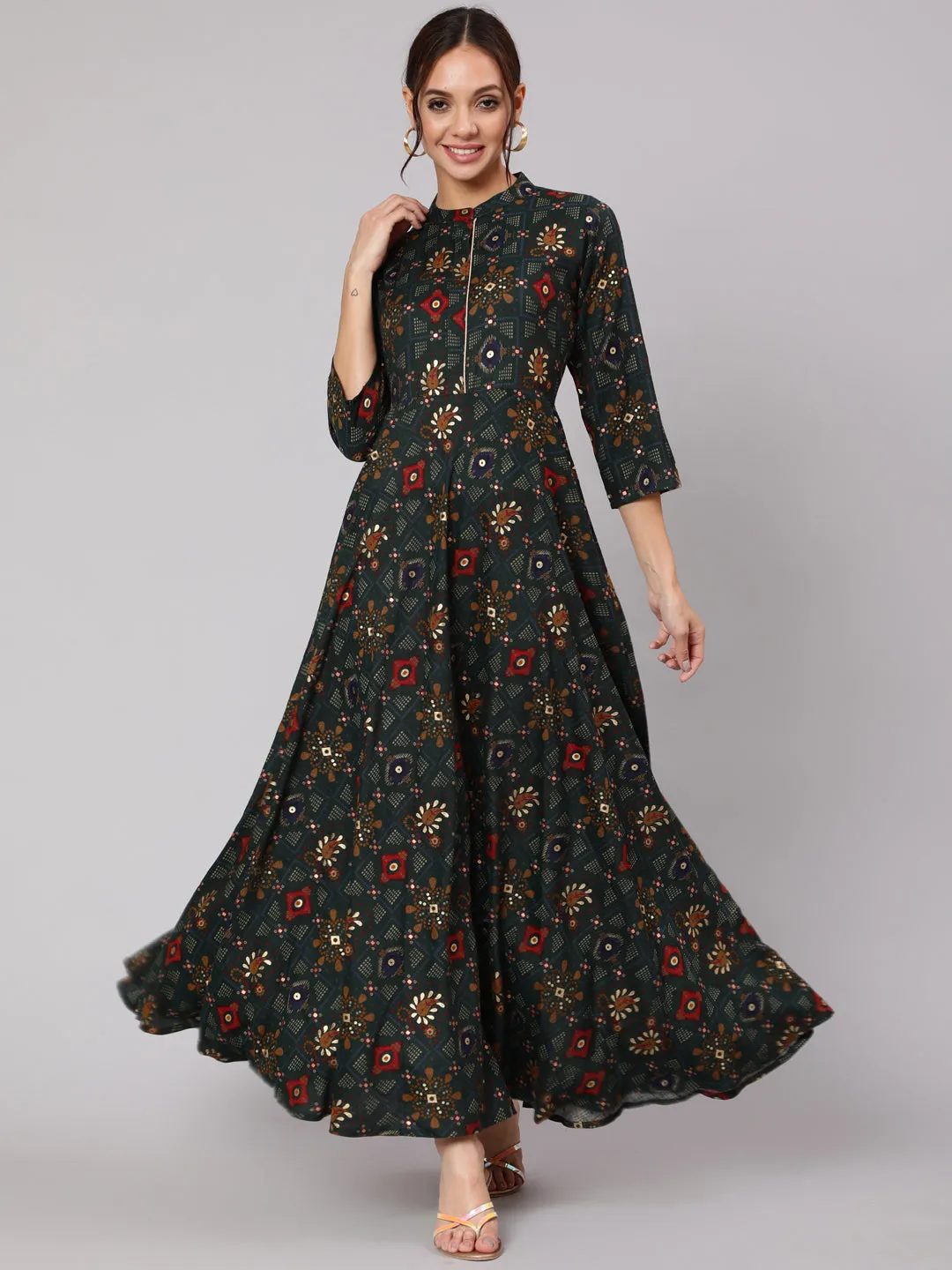 Women Green Ethnic Printed Gathered Dress With Three Quarter Sleeves