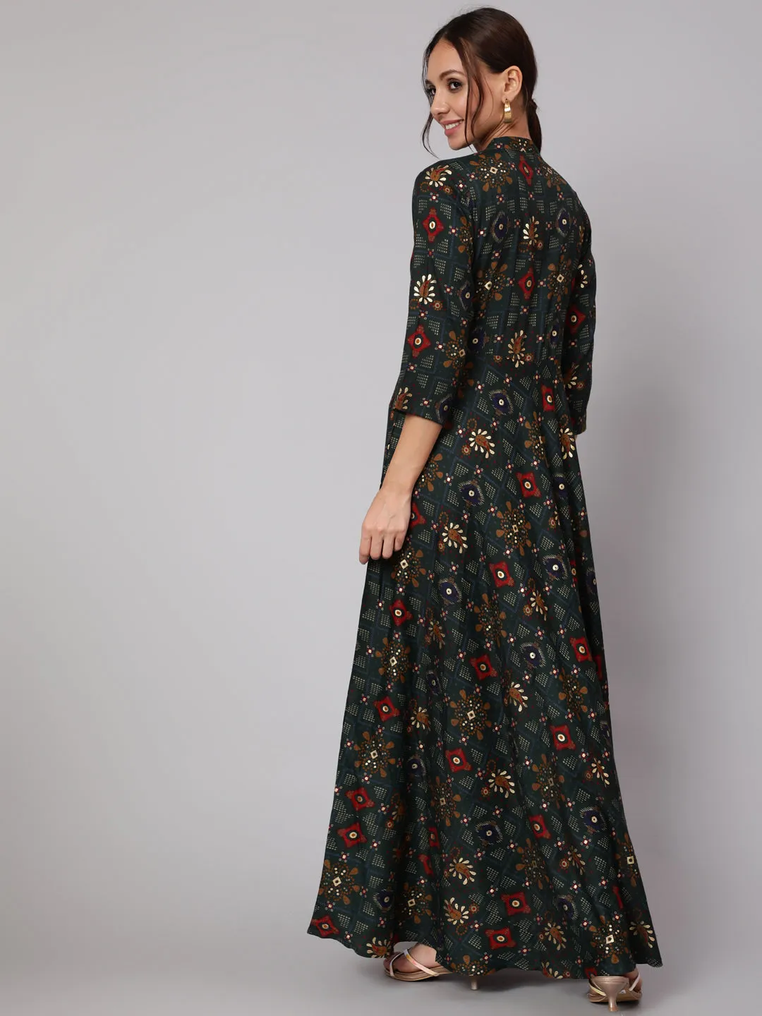 Women Green Ethnic Printed Gathered Dress With Three Quarter Sleeves