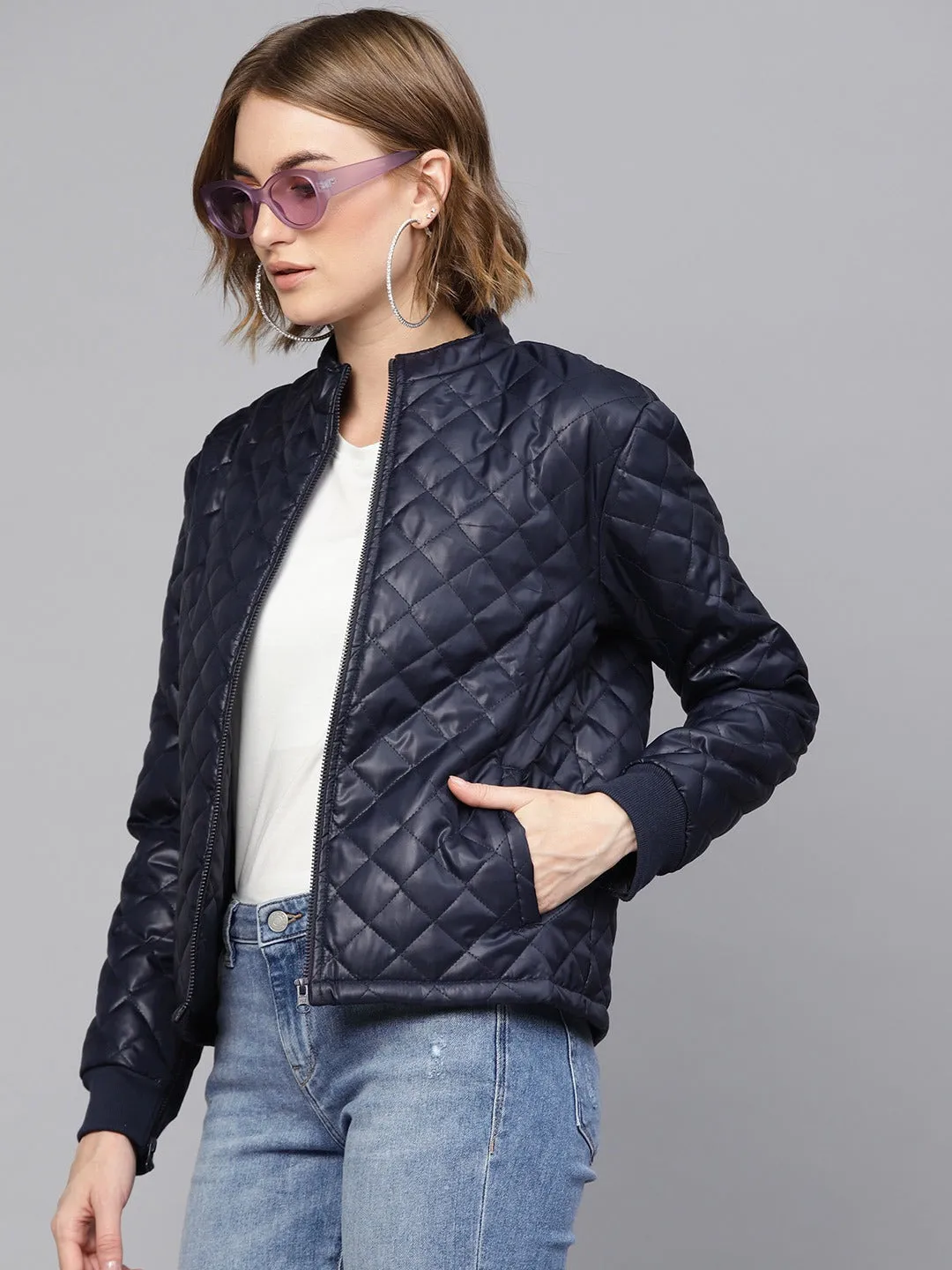 Women Navy Quilted Jacket With Zip Sleeves