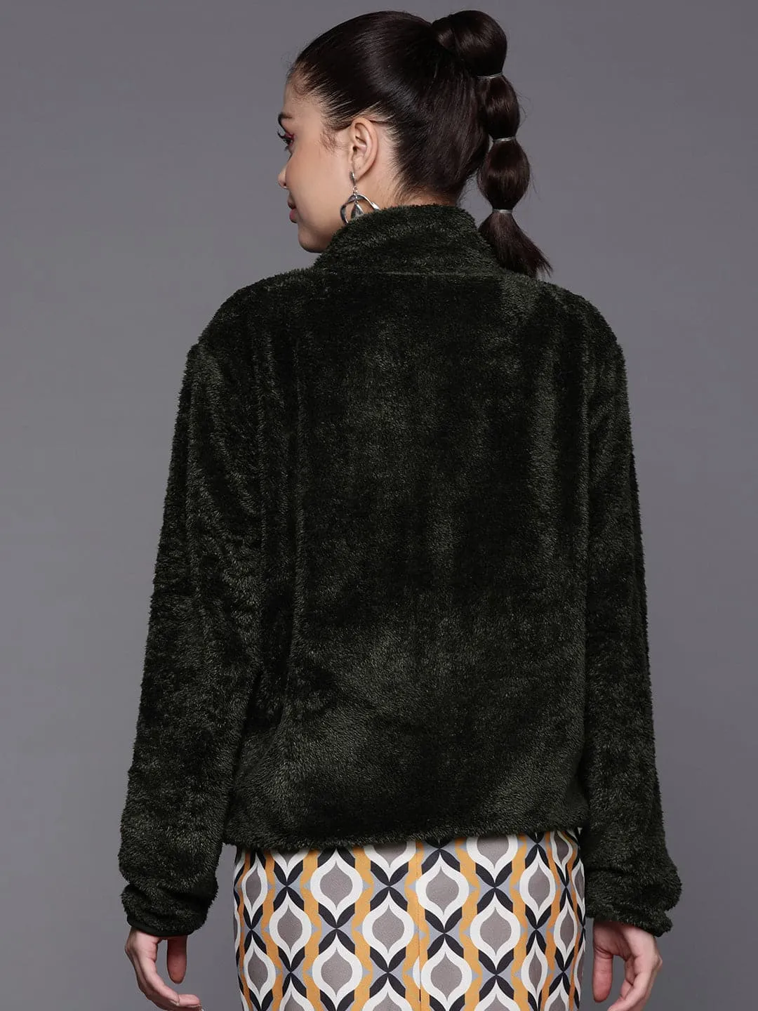 Women Olive Contrast Patch Detail Faux Fur Jacket