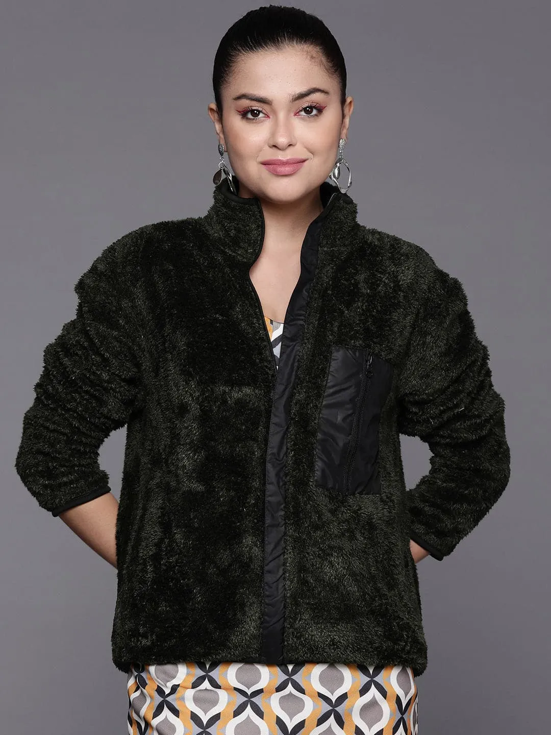 Women Olive Contrast Patch Detail Faux Fur Jacket