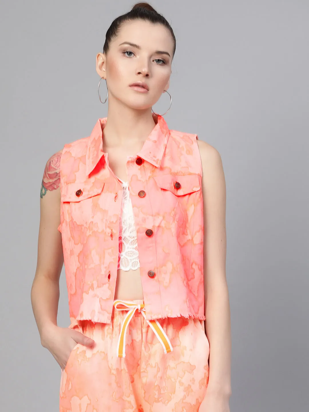 Women Pink Tie-Dye Sleeveless Jacket