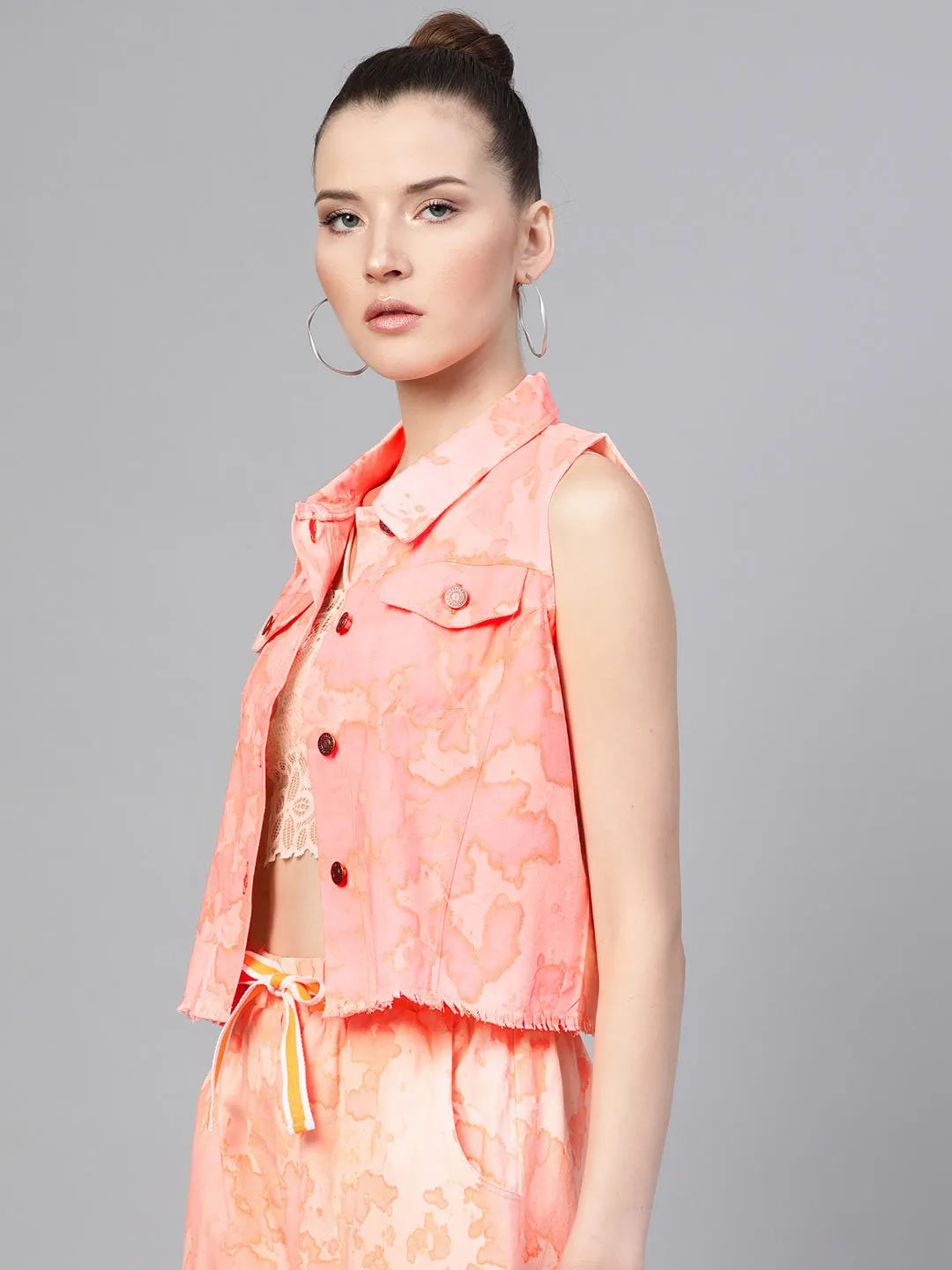 Women Pink Tie-Dye Sleeveless Jacket