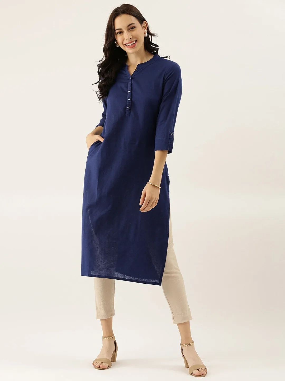 Women'S Blue Solid Straight Roll Up Sleeve Kurti