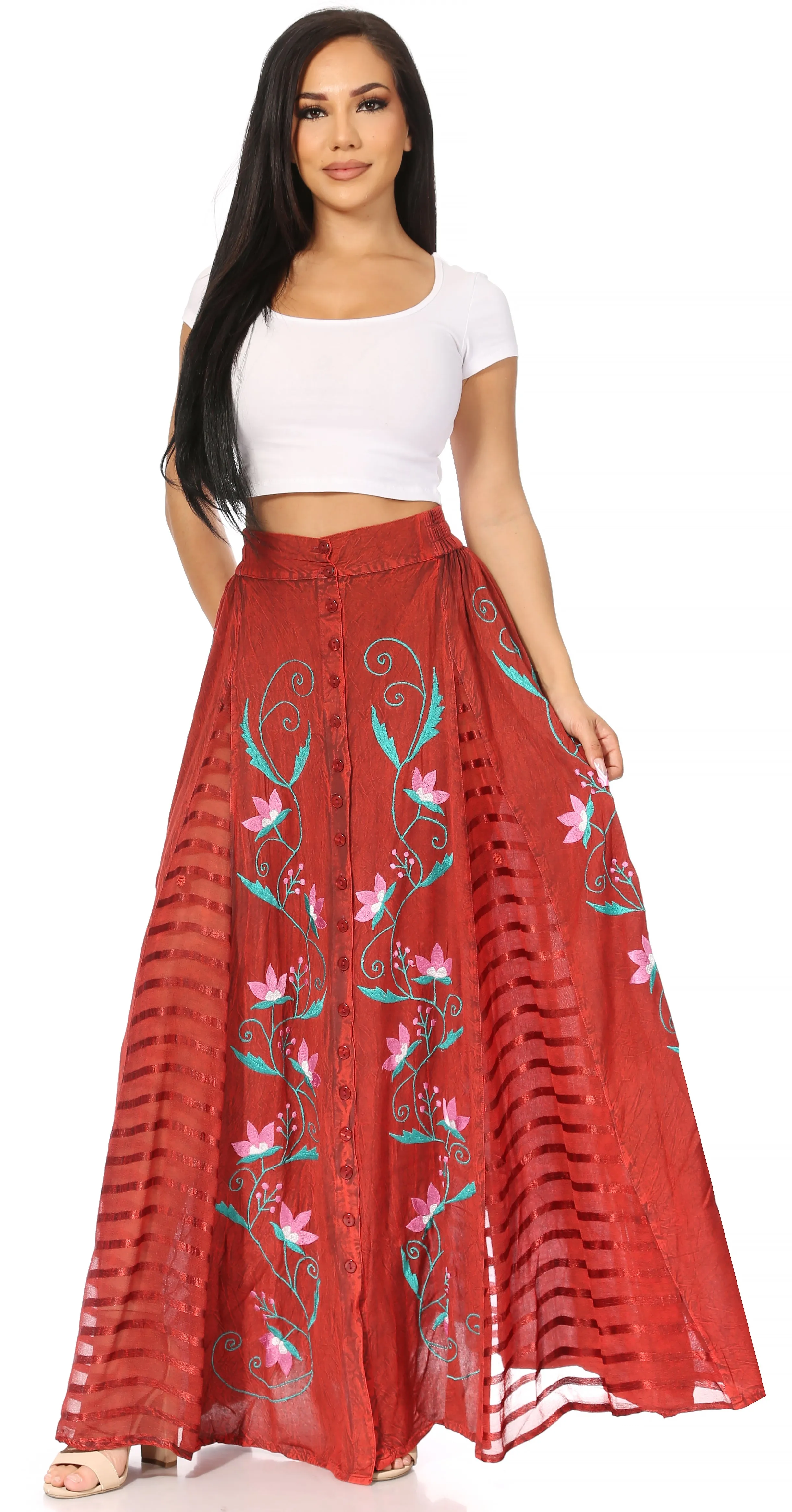 Women's Casual Boho Maxi Floral Long Elastic Waist Skirt with Slim Fit by Sakkas Sarita