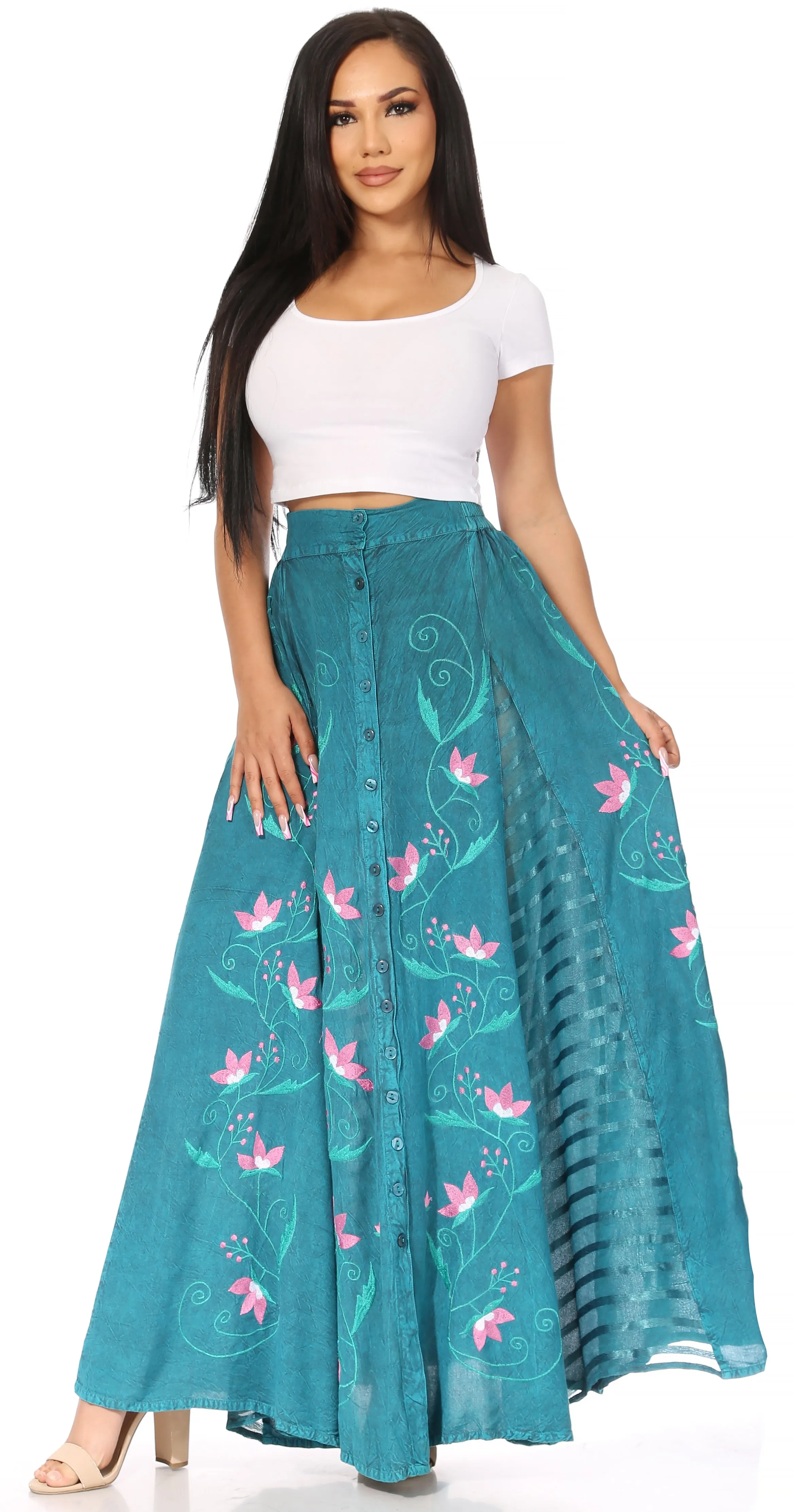 Women's Casual Boho Maxi Floral Long Elastic Waist Skirt with Slim Fit by Sakkas Sarita