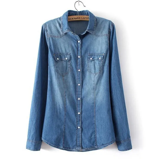 Womens Chambray Shirt Top denim Shirts and Blouses Long Sleeve Snap Button Cotton Ladies Shirt Camisa Blusa Camisetas Femininas