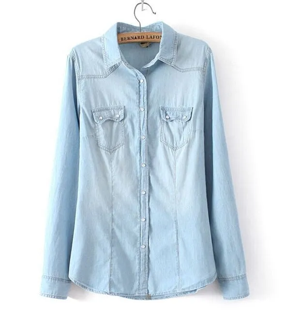 Womens Chambray Shirt Top denim Shirts and Blouses Long Sleeve Snap Button Cotton Ladies Shirt Camisa Blusa Camisetas Femininas