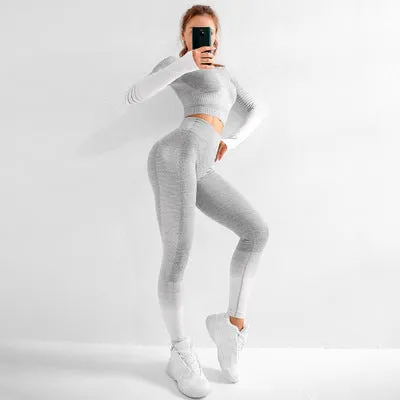 Women's Ombre Long Sleeve High Waisted Yoga Set