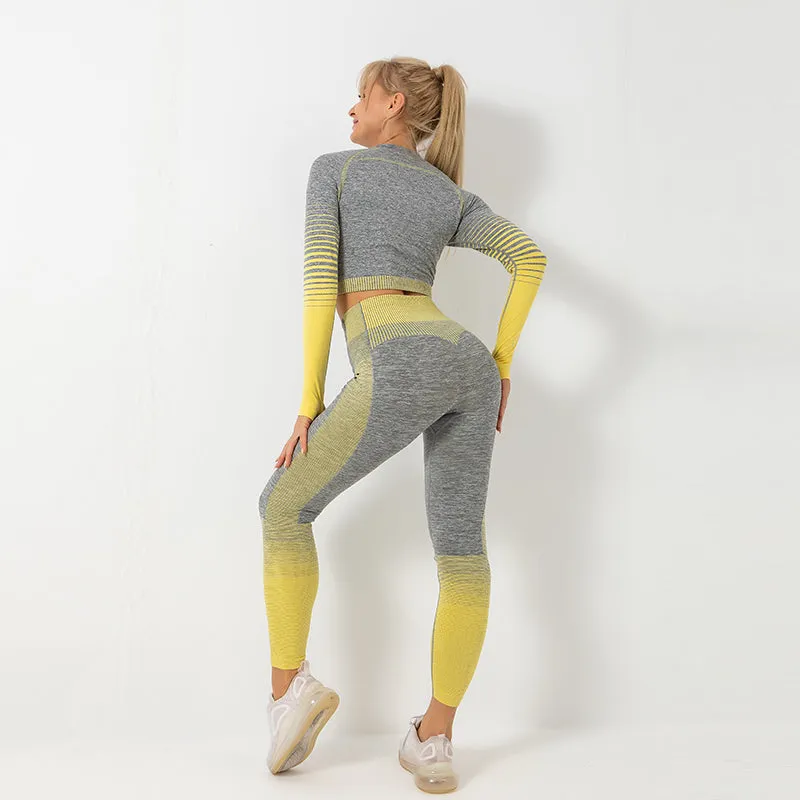 Women's Ombre Long Sleeve High Waisted Yoga Set