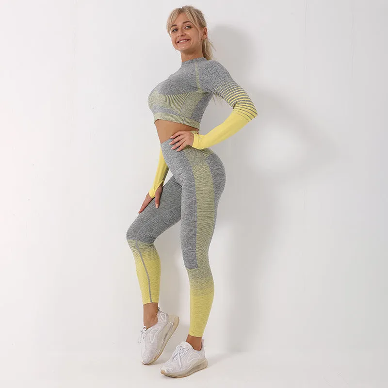 Women's Ombre Long Sleeve High Waisted Yoga Set