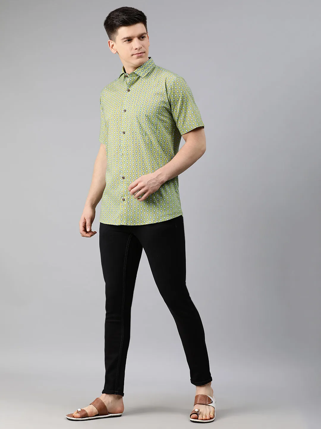 Yellow Cotton Short Sleeves Shirts For Men-Mmh030